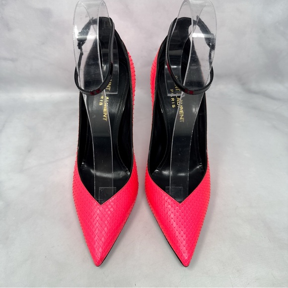 Saint Laurent Zoe 105 Ankle Strap Leather Snakeskin Pointed Toe Pump Heels Neon - Picture 4 of 16